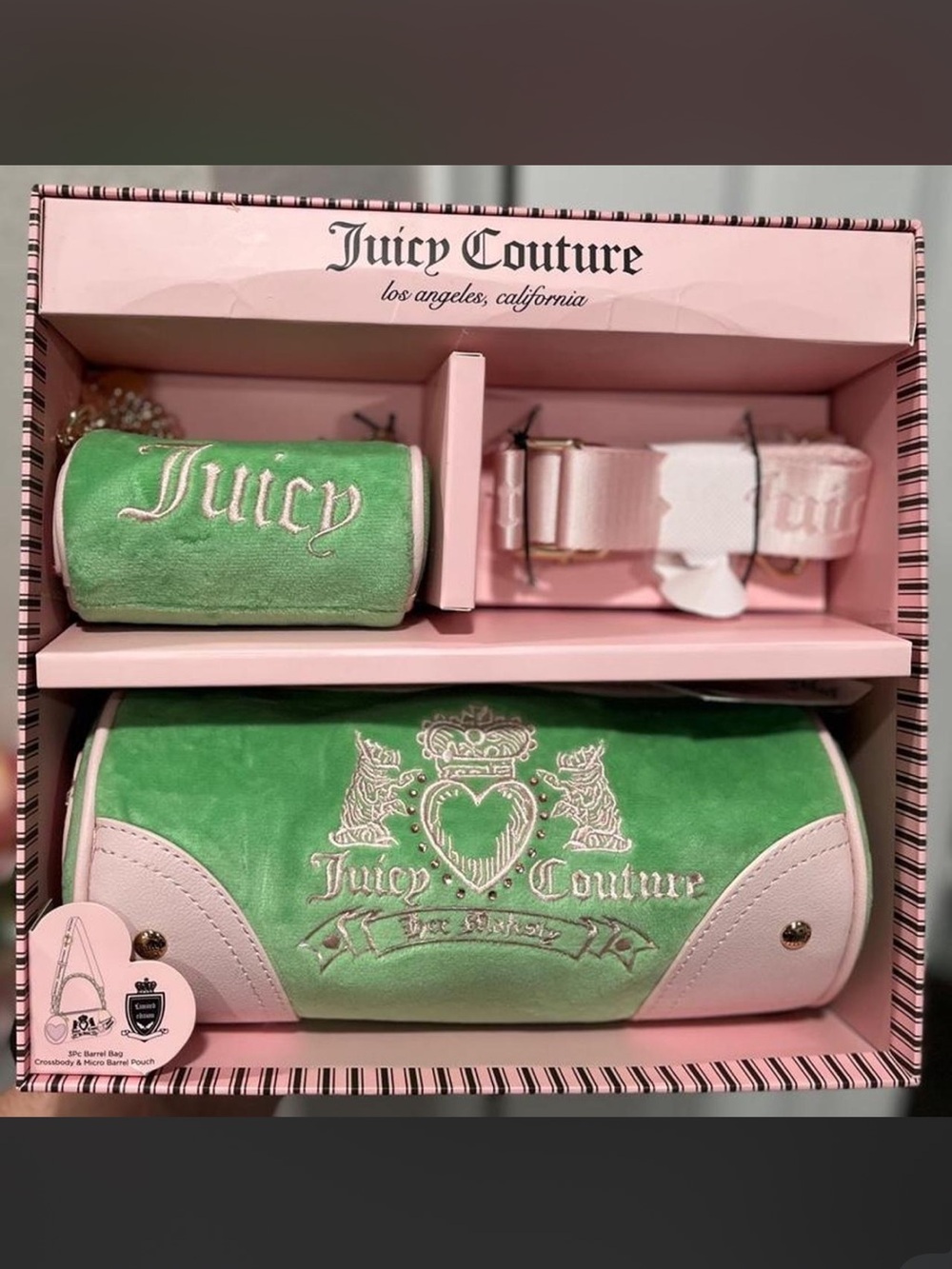 Juicy Couture Green & Pink Velvet Logo Pouch Set